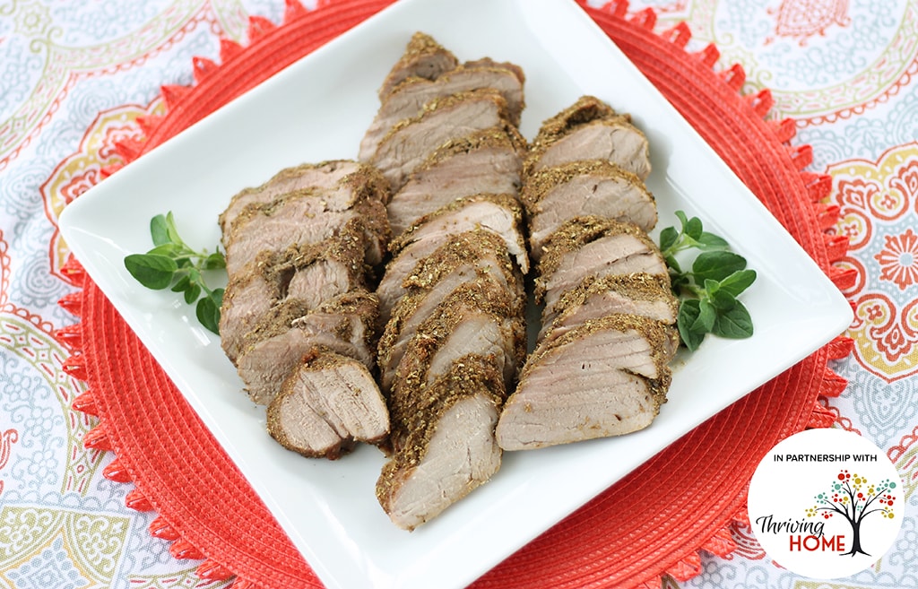 Pork Tenderloin on a plate.  Recipe calls for 10 ingredients, 30 minutes cooking time, 5 minutes prep time, and 4 servings.