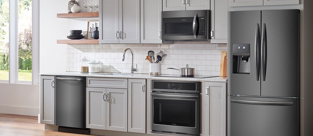 Black stainless appliances with deals white cabinets