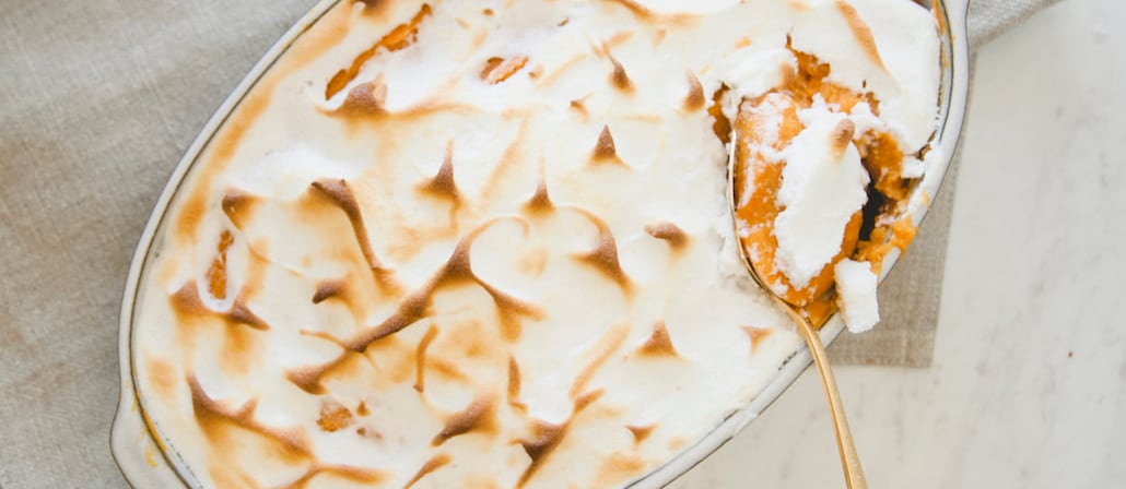 A Bowl of Baked Sweet Potatoes with Cinnamon, Butter and Salted Meringue.  Recipe calls for 9 ingredients, 30 cooking time, 10 minutes prep time, and 8 servings.