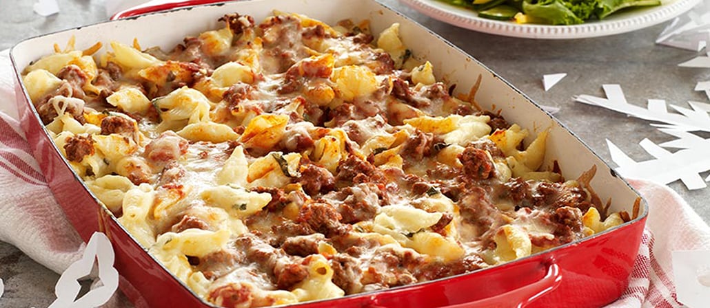 Unstuffed Shells with ground beef and tomato basil pasta sauce in a dish.  Recipe calls for 9 ingredients, 75 minutes cooking time, 30 minutes prep time, and 6 servings.