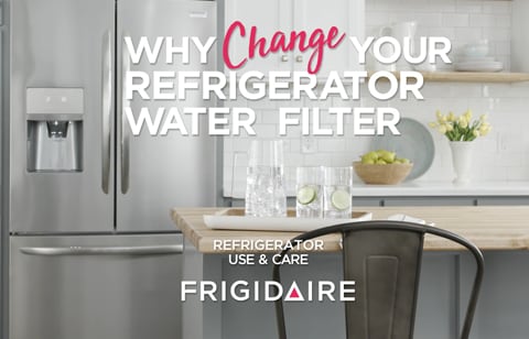 Clean kitchen with white cabinets and a stainless-steel refrigerator with the caption “Why change your refrigerator water filter”.