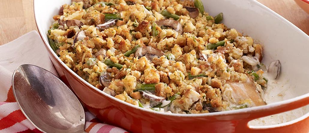 Chicken & Green Bean Casserole.  Recipe calls for 10 ingredients, 70 minutes cooking time, 10 minutes prep time, and 6 servings.