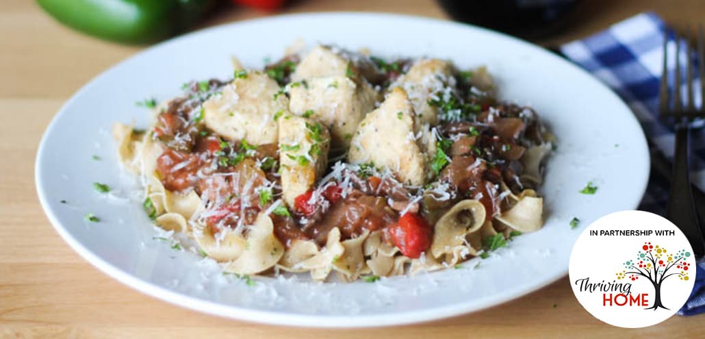 Chicken Cacciatore grated in fresh parmesan cheese in a bowl.  Recipe calls for 13 ingredients, 60 minutes cooking time, 15 minutes prep time, and 9 servings.