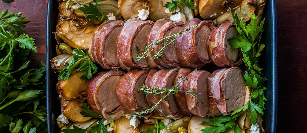 Prosciutto Roast Pork Tenderloin.  Recipe calls for 11 ingredients, 60 minutes cooking time, 20 minutes prep time, and 4 servings.