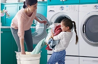 Icon of a daughter helping unload the washer with her mother.